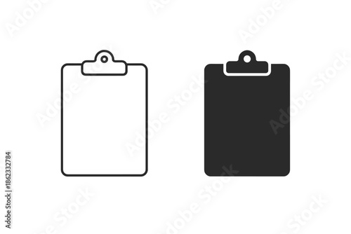 Simple icons of a clipboard in outline and solid black fill on white background