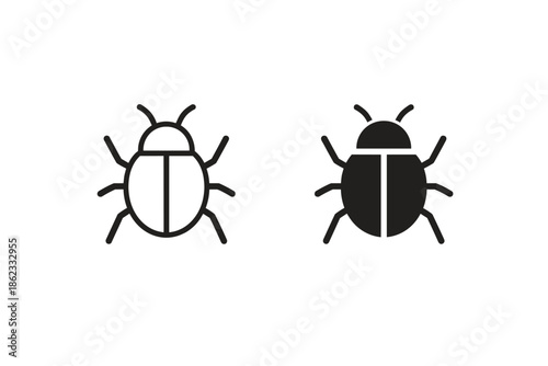 Two simple beetle icons, one outlined and one solid black, on a white background
