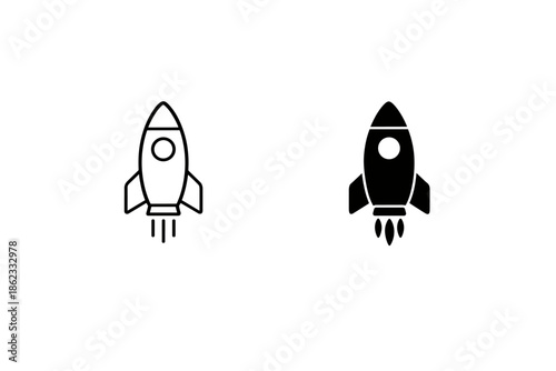 Two rocket icons, one outlined and one solid black, launching upwards on a white background