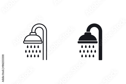 Shower head icons with water drops, line art and solid silhouette styles