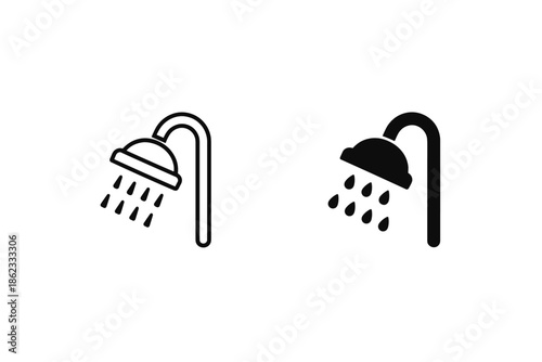 Simple shower icons, one outlined and one solid black, showing water droplets falling