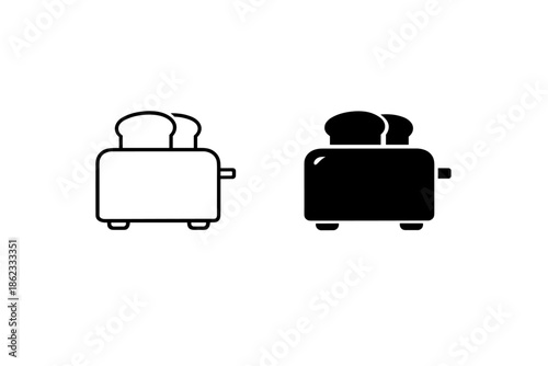 Simple line art and solid black icons of a toaster with bread slices