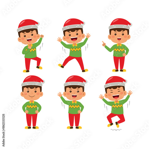 Cute Cartoon Boy in Santa Hat with Various Poses and Expressions