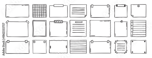 Notepad doodle messaging set, sticky note, hand drawn clipart for memo, reminder message office school label, stationery writing pad