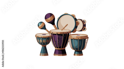 A variety of colorful percussion musical instrument with drum.