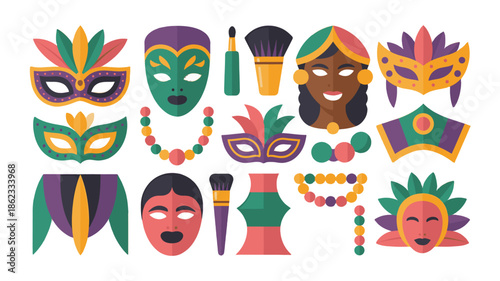 Colorful elements of masks and accessories associated with Carnival celebrations.
