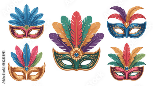 Set of six colorful masks, each with different patterns and designs. 