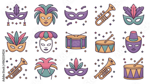 Festive illustrations of mardi gras masks and musical instrument .