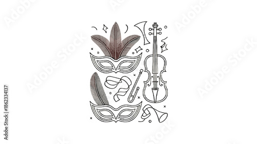 Carnival masks, music instrument and feather in graphic illustration.