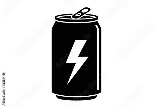 A stylize black and white icon of an energy drink can with a lightning bolt symbol