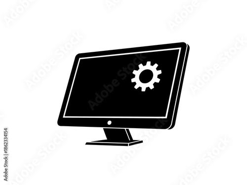 A large computer monitor with a white gear icon on screen symbol for settings maintenance or technical support black and white graphic
