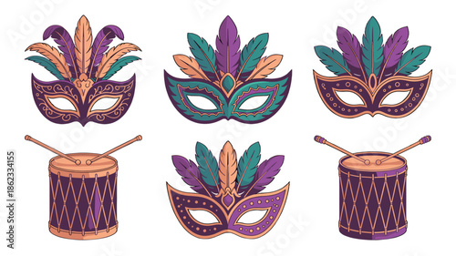 Colorful Mardi Gras masks and drums, celebrating the vibrant culture and traditions.