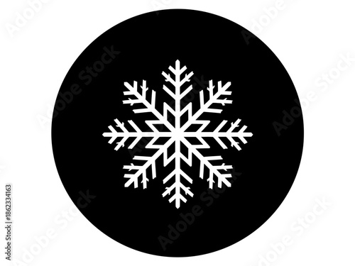 A simple white snowflake icon in a black circle simple flat design symbol for cold winter frost ice or air conditioning