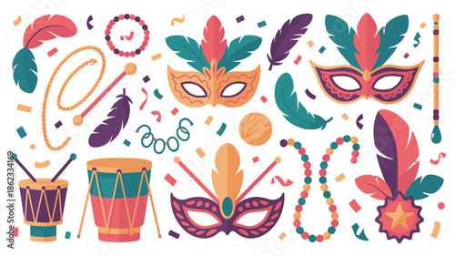 Colorful illustration of various elements associated with a Mardi Gras carnival celebration.