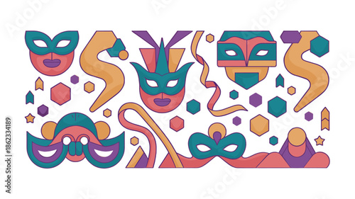 Carnival masks, artfully arranged in a vibrant display.