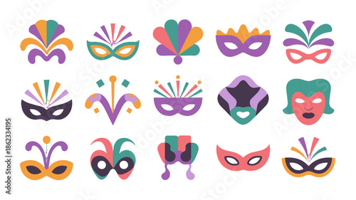 A collection of vibrant carnival masks in a cheerful style.