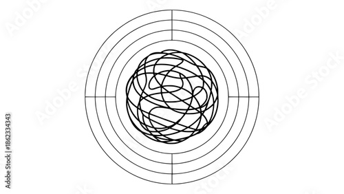 Minimalist black line art of a tangled scribble ball centered inside a multi-ring target with crosshair lines, abstract vector illustration