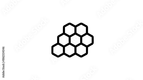 Minimalist honeycomb hexagon cluster icon, black outline vector design with seven connected hexagons forming a geometric pattern on white background