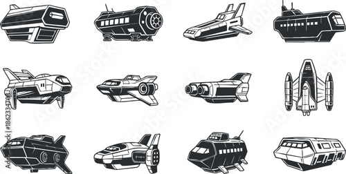 Futuristic black and white vector illustration set of various spacecraft designs for technology and exploration themes