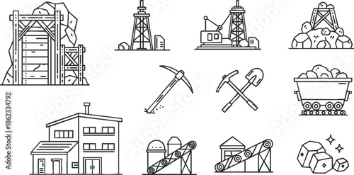Outline vector illustration of mining industry tools and equipment for construction and resource extraction projects