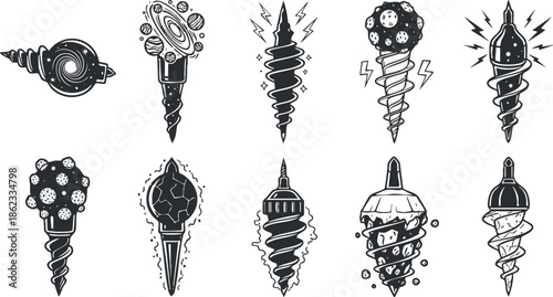 Whimsical black and white vector illustration set featuring creative ice cream cones with various toppings and designs for food-related projects
