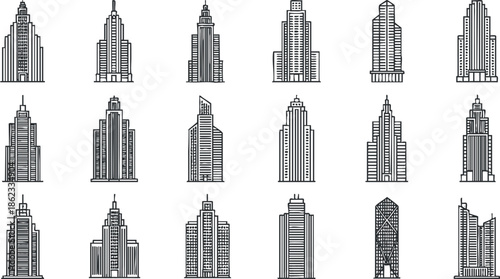 Outline vector illustration collection of various skyscrapers and buildings for urban design and architectural projects