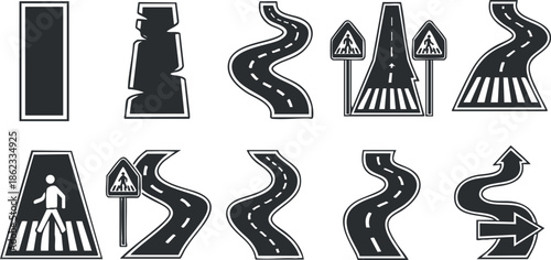 Geometric vector icon set featuring various road signs and curvy road designs for navigation and transportation projects