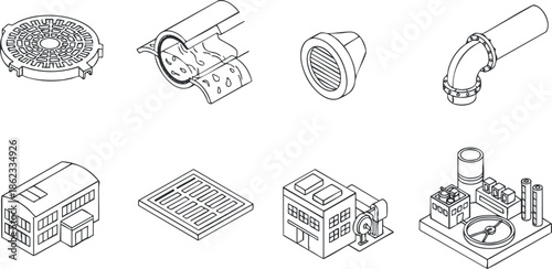 Outline vector illustration of drainage and plumbing elements including pipes, grates, and industrial buildings for engineering projects