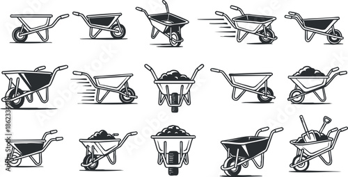 Stylized vector icon set of various wheelbarrows in modern line art style for gardening and construction projects