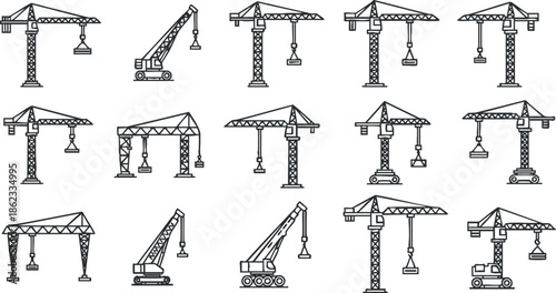Outline vector icon set featuring various cranes and lifting equipment for construction and engineering projects