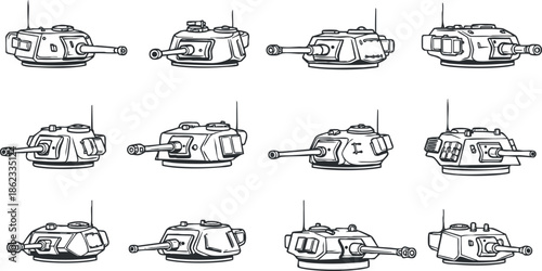 Set of minimalist outline vector illustrations featuring various tank designs for military and defense projects
