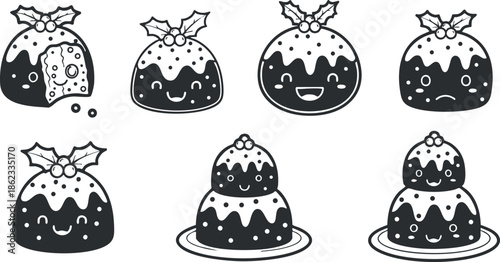 Whimsical black and white vector illustration of Christmas pudding icons featuring various expressions for festive design projects