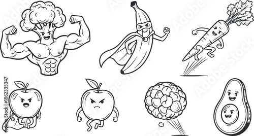 Playful black and white vector illustration of muscular fruits and vegetables as cartoon characters for healthy eating concepts
