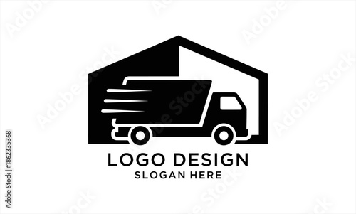 Fast Delivery Truck in Warehouse Logo Design.