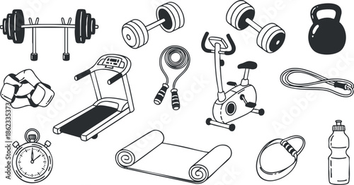Line art vector illustration of various fitness equipment and accessories for workout and gym use