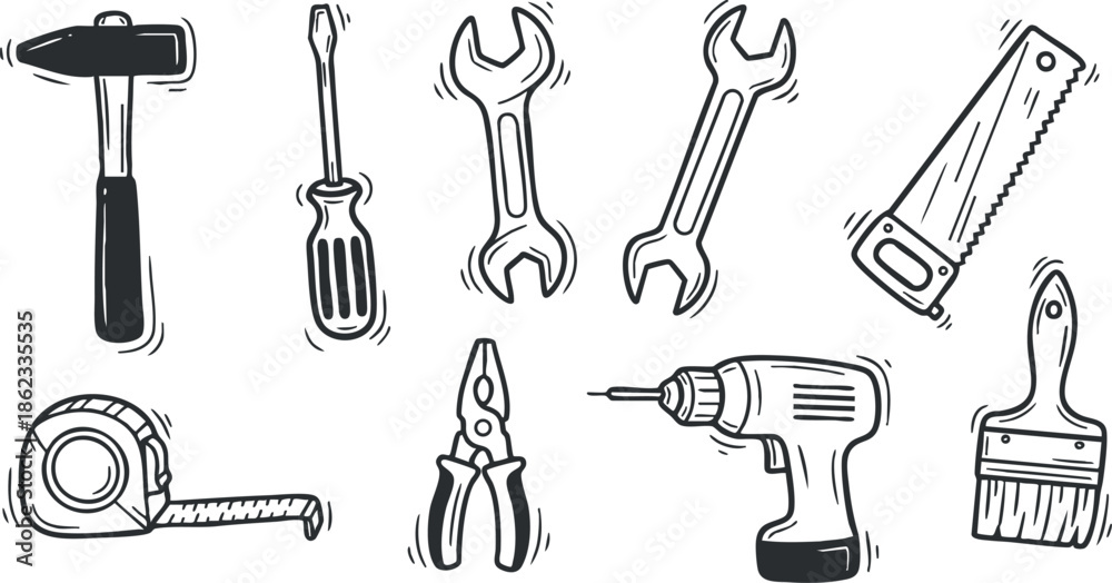 Obraz premium Collection of hand tools vector illustration featuring a hammer, screwdriver, wrench, and more for DIY and repair projects