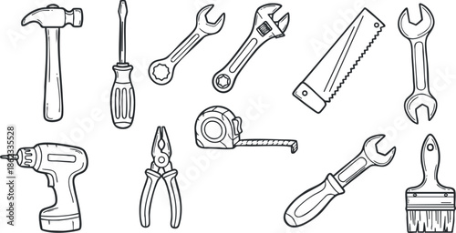 Outline vector illustration of various hand tools including hammer, screwdriver, pliers, wrench, and drill for DIY and repair projects