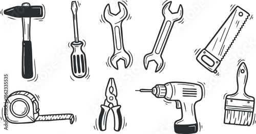 Collection of hand tools vector illustration featuring a hammer, screwdriver, wrench, and more for DIY and repair projects