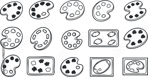 Outline vector icon set of artist palettes and paint tools for creative and design projects