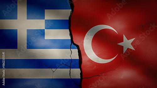 Cracked flags of Greece and Turkey side by side