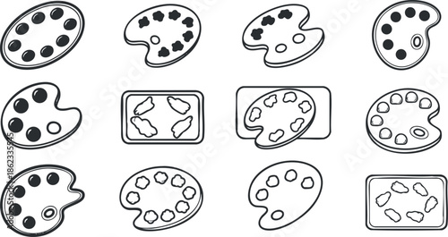 Outline vector icon set of artist palettes in various styles for creative design and art projects