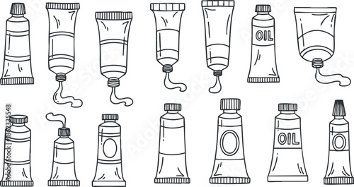 Hand-drawn outline vector illustration of various paint and oil tubes, ideal for art supplies and creative projects