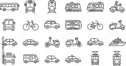 Line art vector icon set featuring various transportation modes including buses, cars, bicycles, and boats for urban mobility design