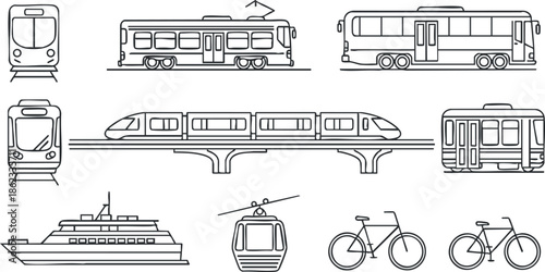 Line art vector illustration of various transportation vehicles including trains, buses, bicycles, and ferries for urban mobility designs