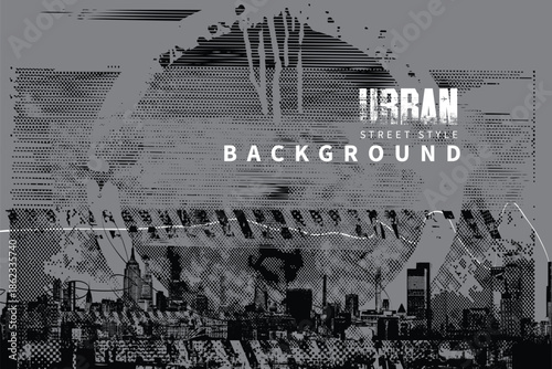 Abstract vector banner on the theme of urbanism, street art, digital technology and photo studios against the background of the architecture of a city, pixels.T-shirt design, poster, logo. No AI used 