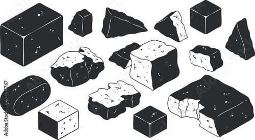Geometric black and white vector illustration of various rocks and stones, suitable for nature-themed designs and educational materials