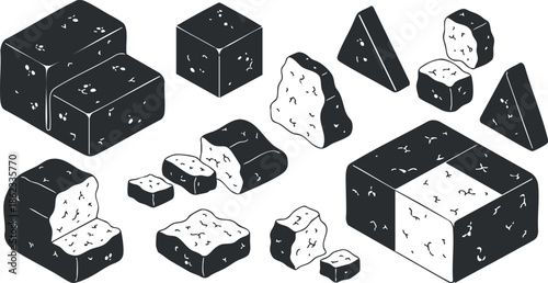 Geometric black and white vector illustration of various cheese blocks and pieces for food design and culinary projects