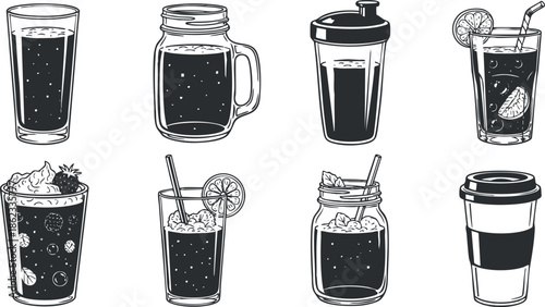 Stylish black and white vector illustration of various drink options including cocktails, smoothies, and coffee for menu design and branding.