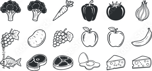Collection of black and white vector icons featuring various fruits and vegetables for healthy eating concepts