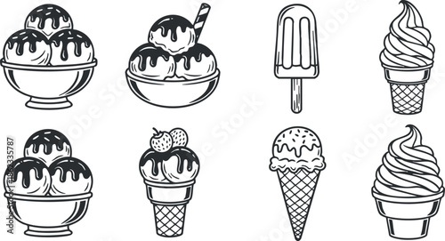 Hand-drawn vector collection of various ice cream styles including cones, bowls, and popsicles for dessert-themed designs